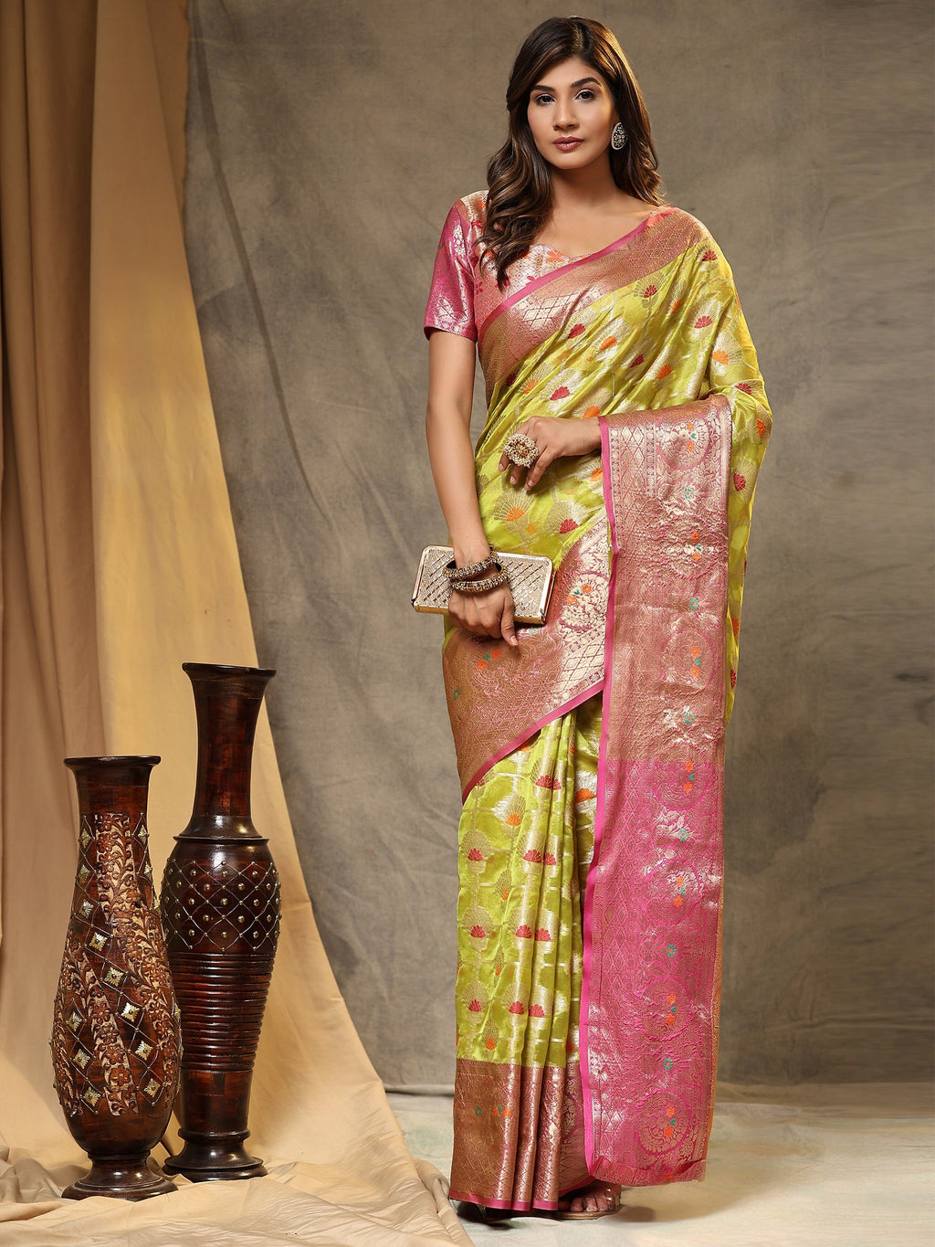 Vedant Vastram Organza Silk Kanjeevaram Saree - Lemon | Grocsy