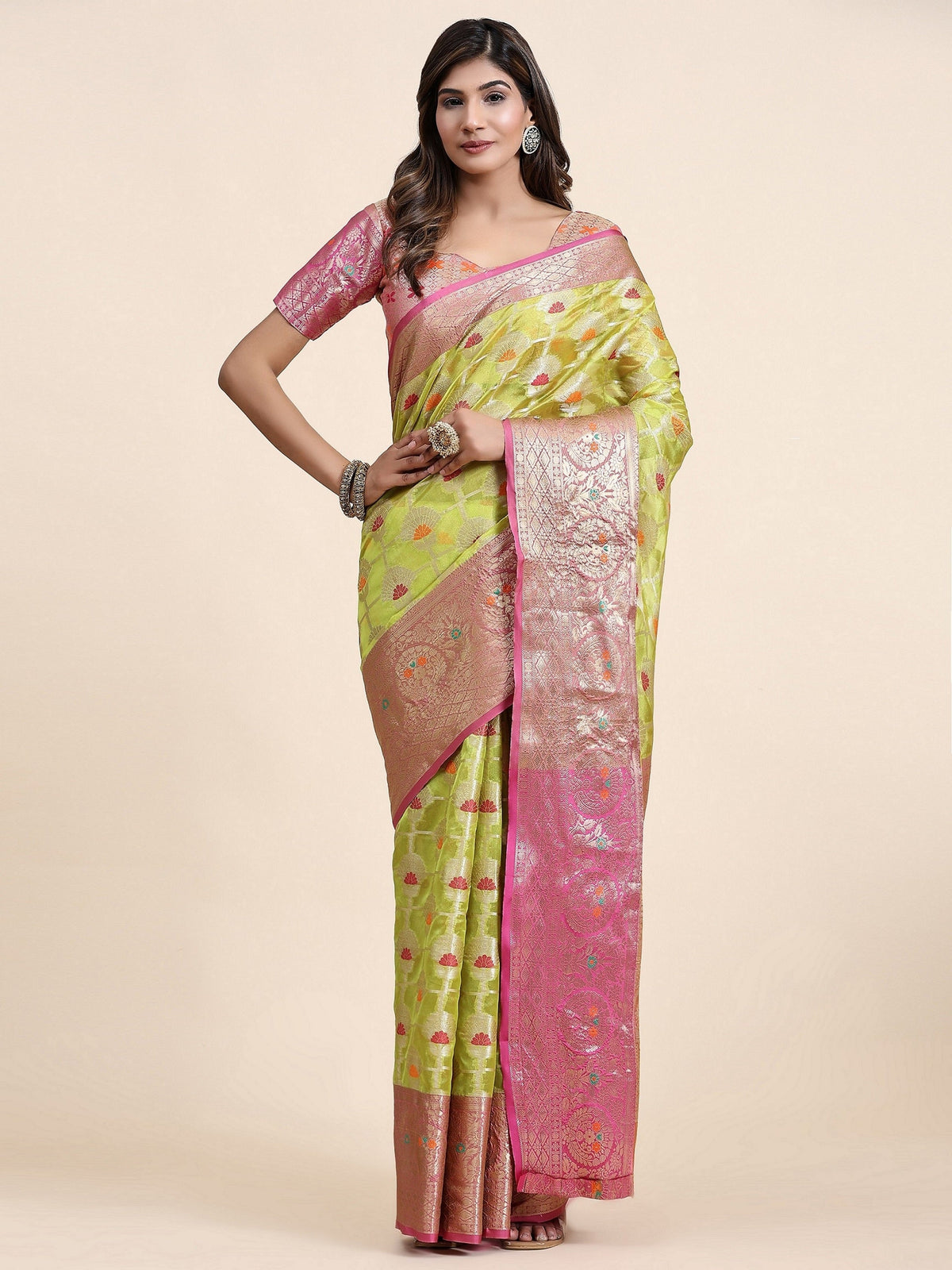 Vedant Vastram Organza Silk Kanjeevaram Saree - Lemon | Grocsy