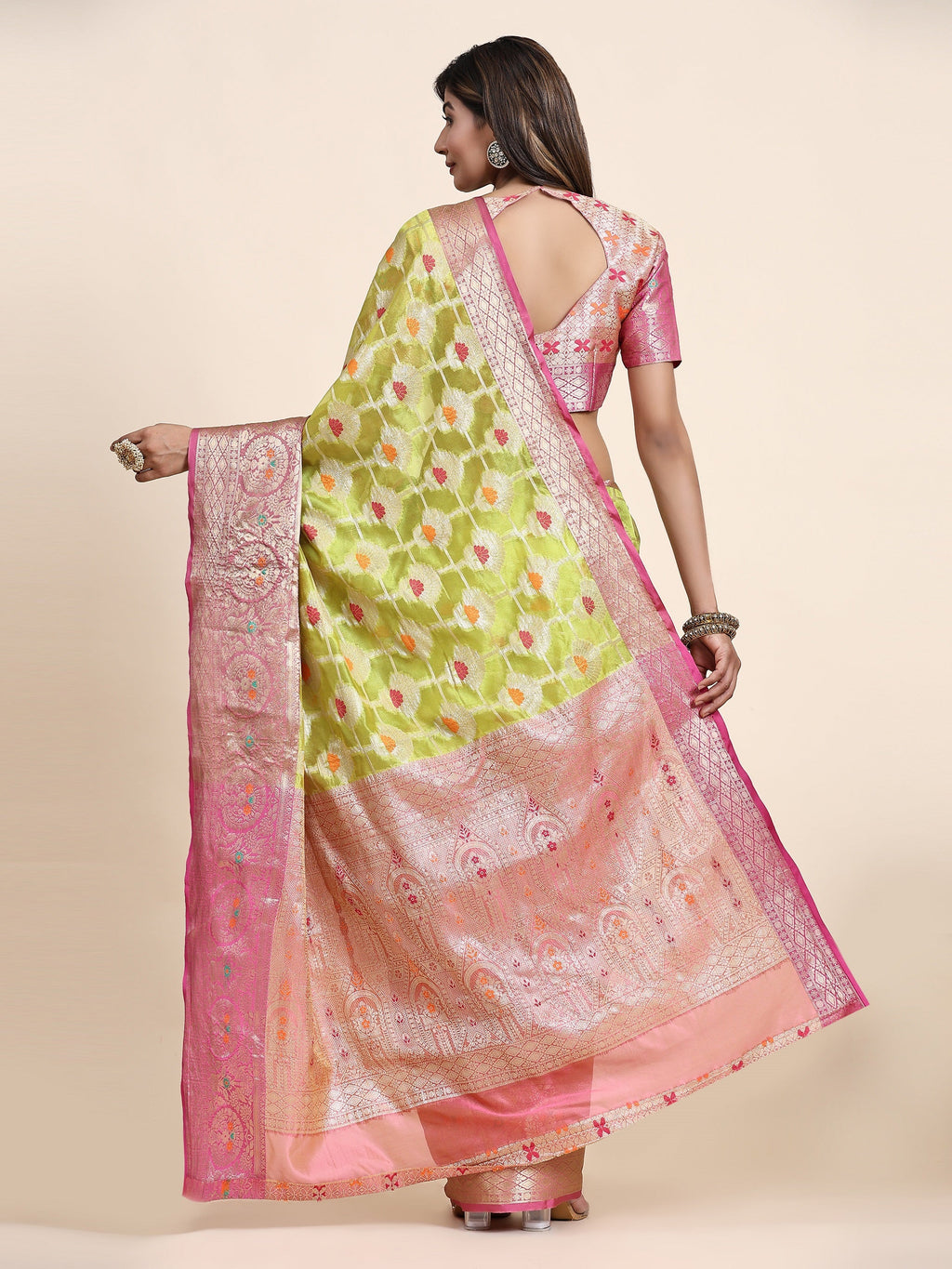Vedant Vastram Organza Silk Kanjeevaram Saree - Lemon | Grocsy