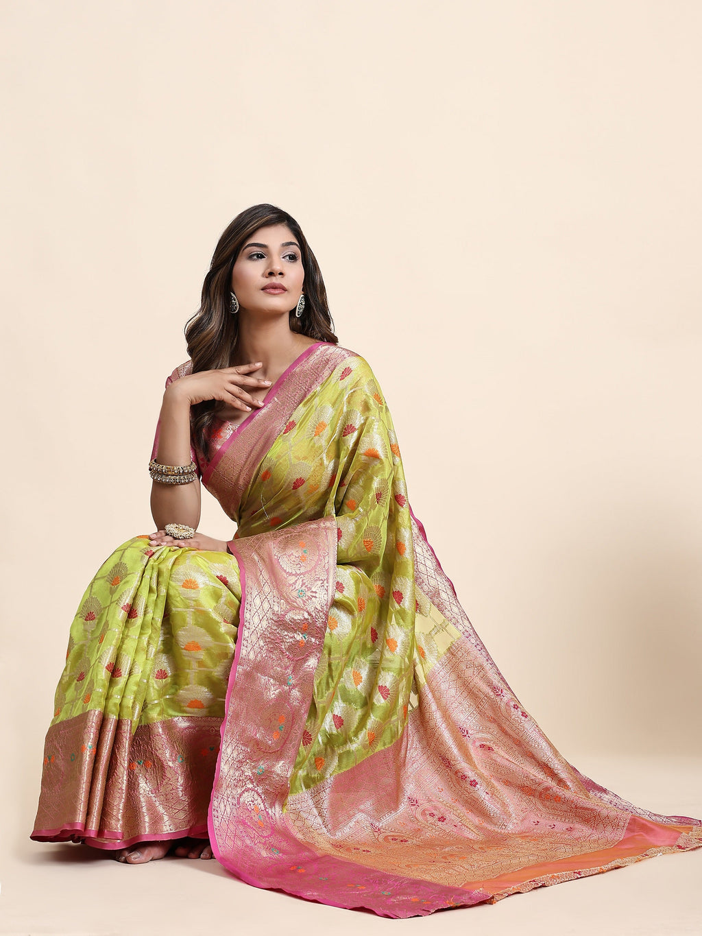 Vedant Vastram Organza Silk Kanjeevaram Saree - Lemon | Grocsy