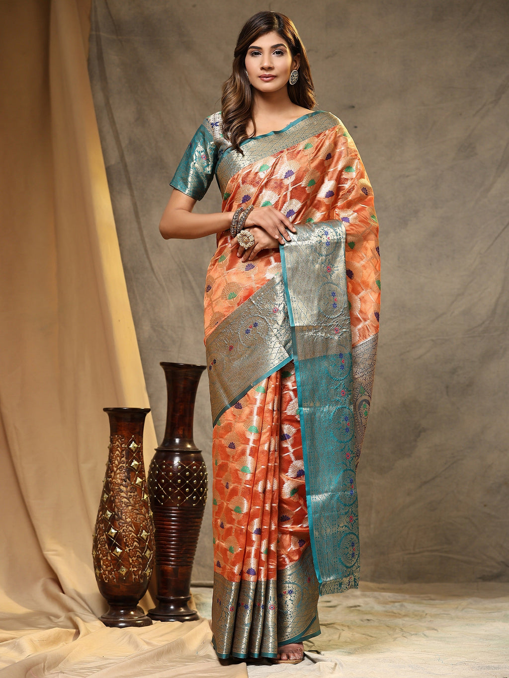 Vedant Vastram Organza Silk Kanjeevaram Saree - Peach | Grocsy