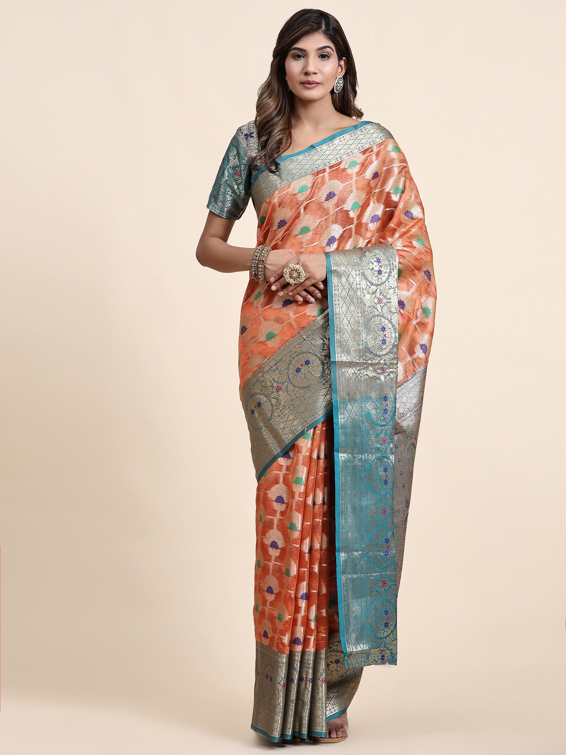 Vedant Vastram Organza Silk Kanjeevaram Saree - Peach | Grocsy