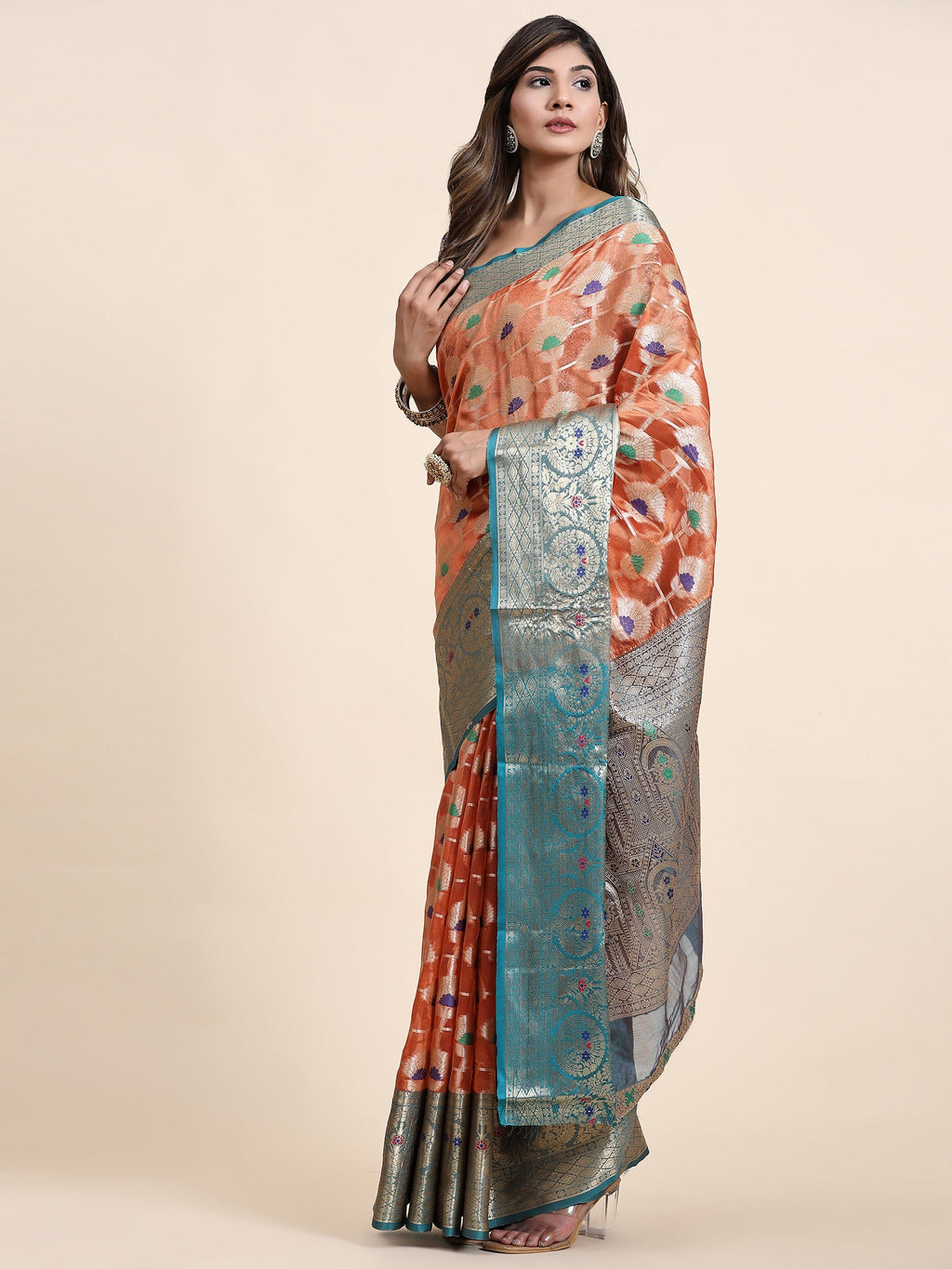 Vedant Vastram Organza Silk Kanjeevaram Saree - Peach | Grocsy