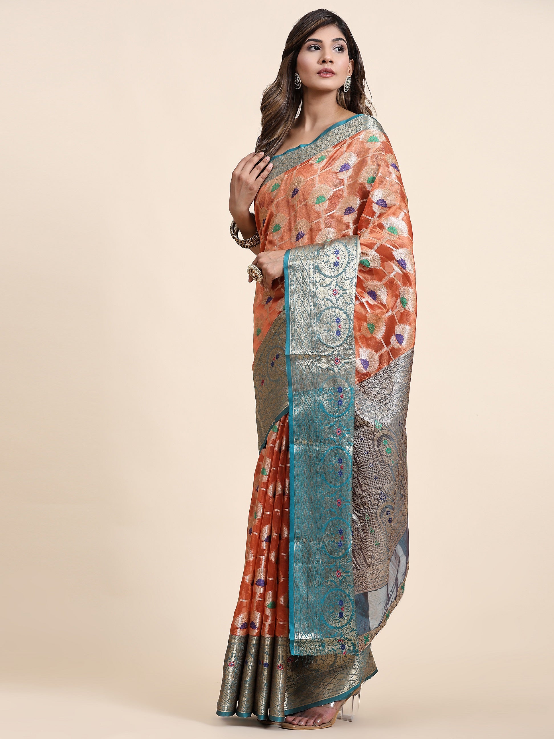 Vedant Vastram Organza Silk Kanjeevaram Saree - Peach | Grocsy