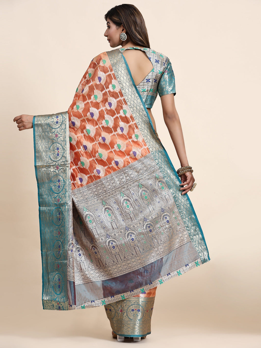 Vedant Vastram Organza Silk Kanjeevaram Saree - Peach | Grocsy