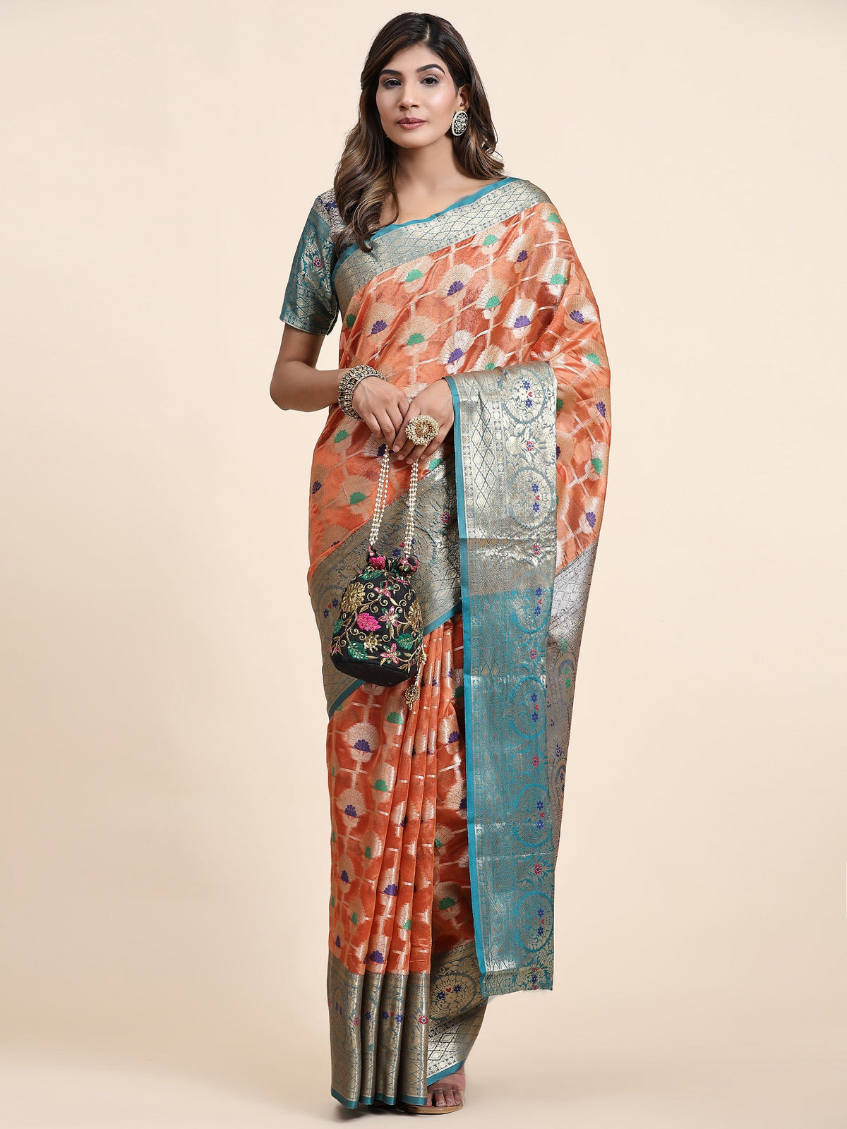 Vedant Vastram Organza Silk Kanjeevaram Saree - Peach | Grocsy