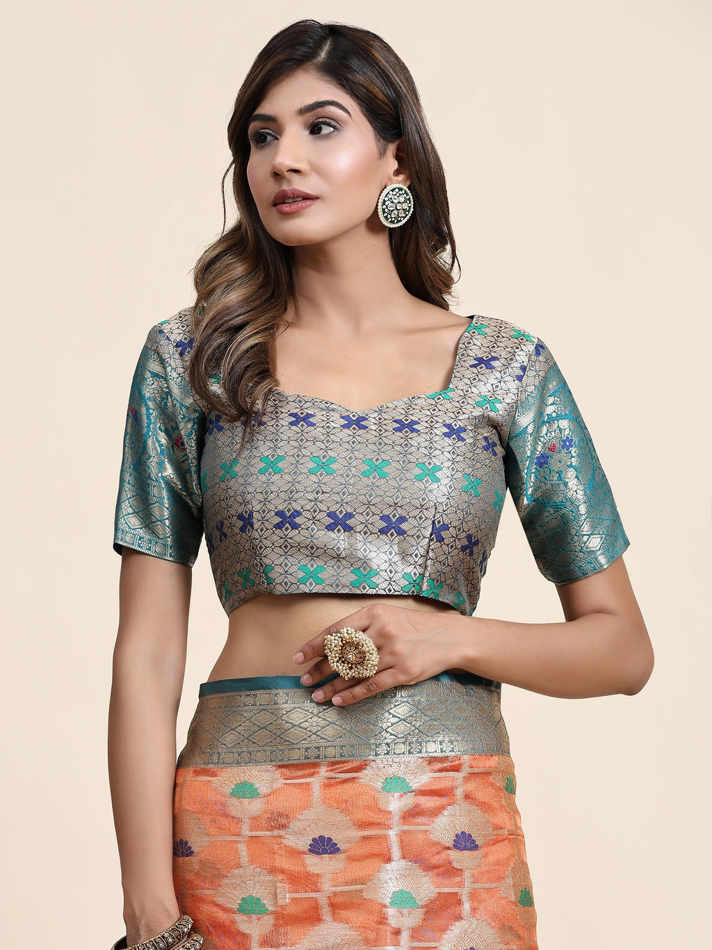 Vedant Vastram Organza Silk Kanjeevaram Saree - Peach | Grocsy