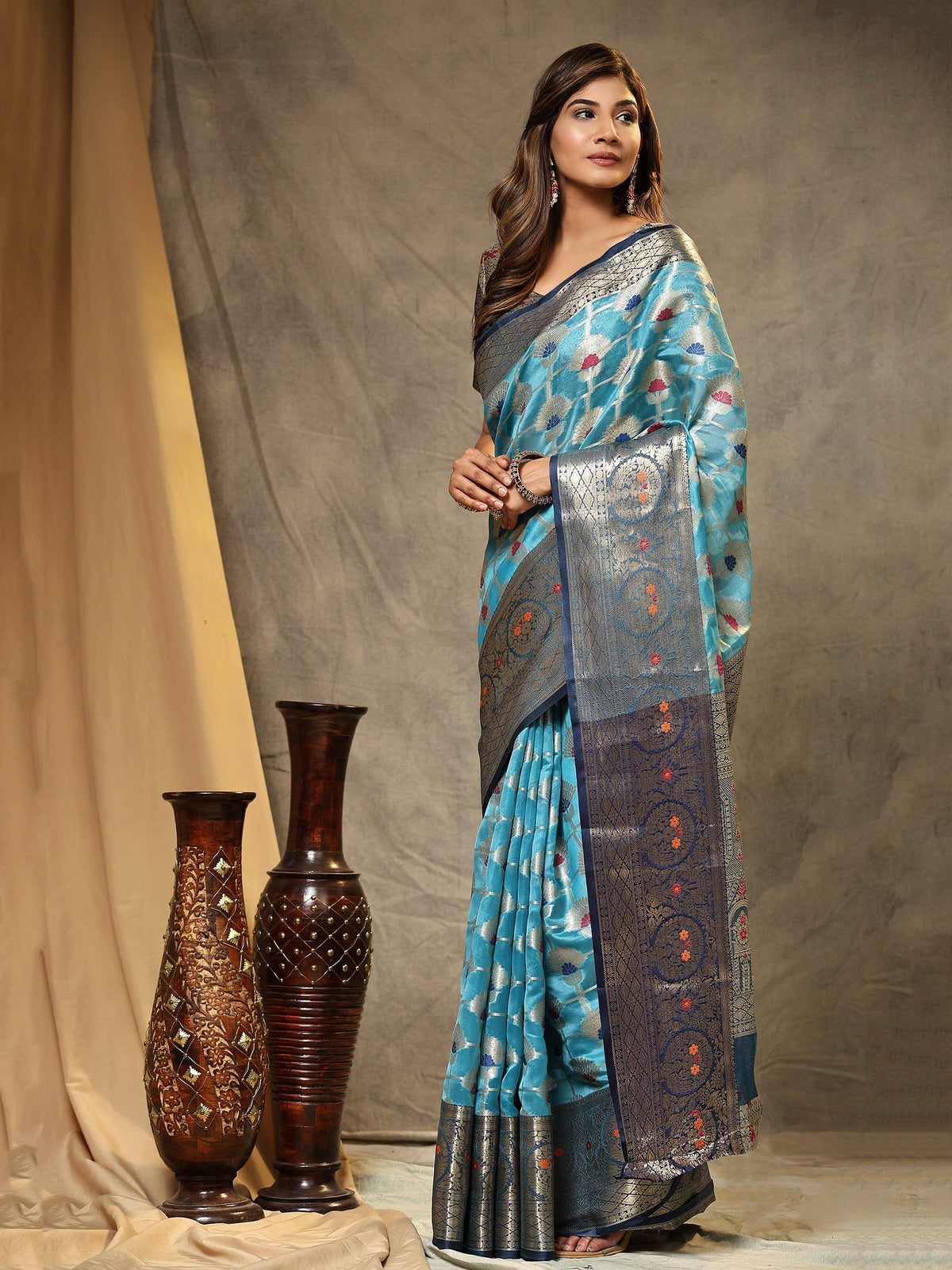 Vedant Vastram Organza Silk Kanjeevaram Saree - Skyblue | Grocsy