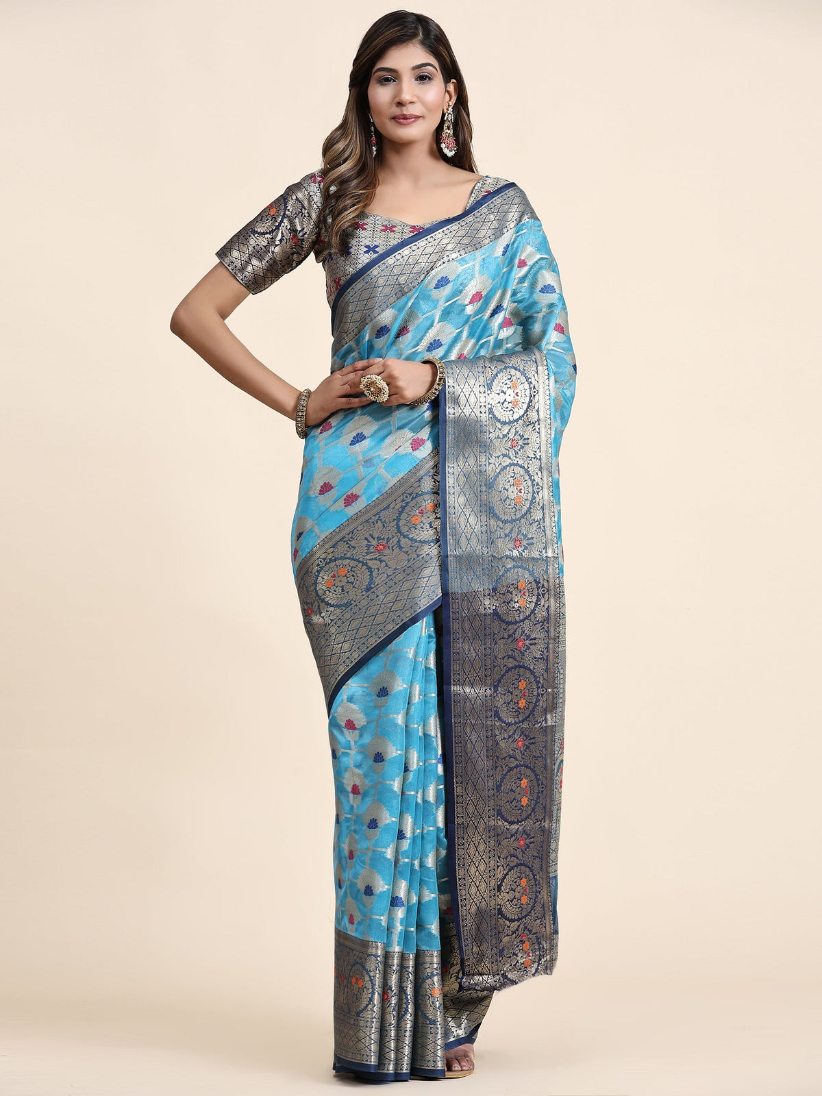 Vedant Vastram Organza Silk Kanjeevaram Saree - Skyblue | Grocsy