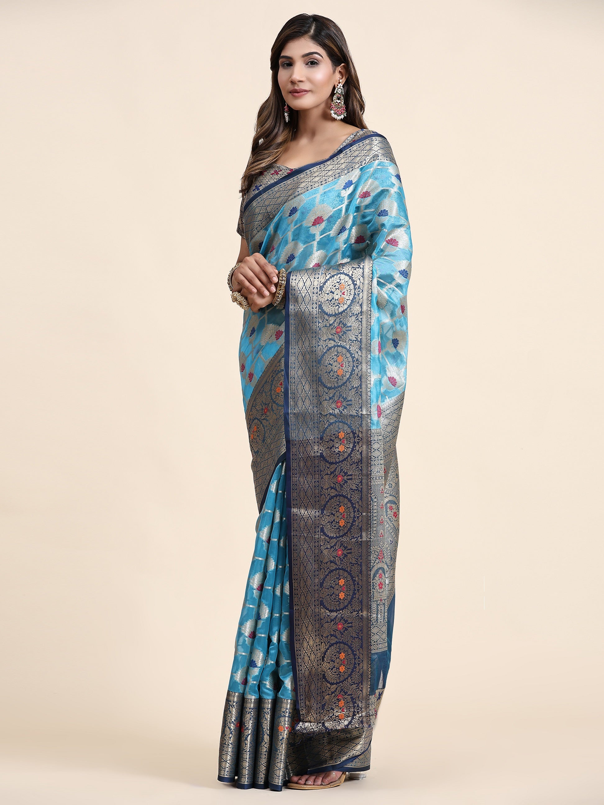 Vedant Vastram Organza Silk Kanjeevaram Saree - Skyblue | Grocsy