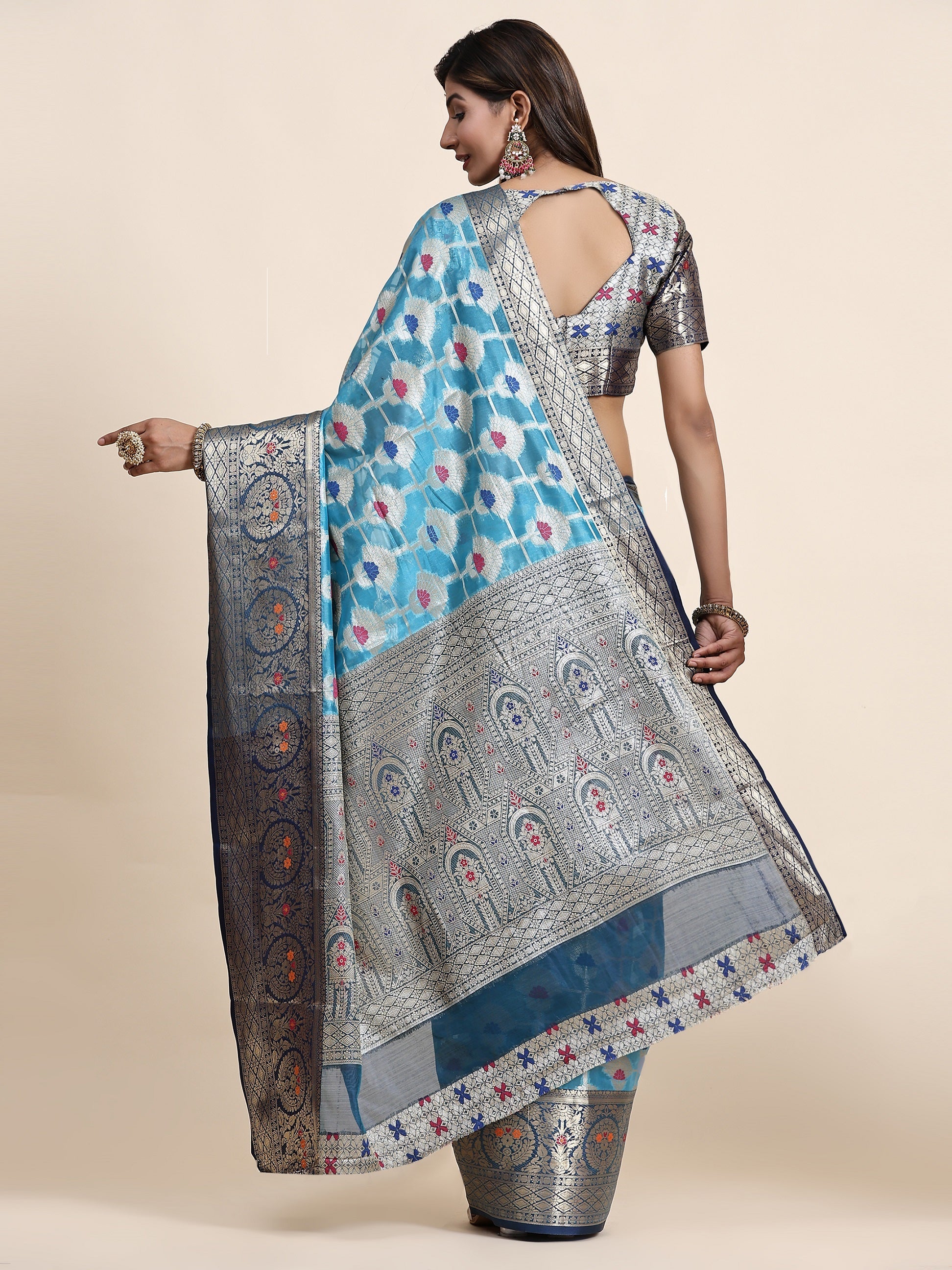 Vedant Vastram Organza Silk Kanjeevaram Saree - Skyblue | Grocsy
