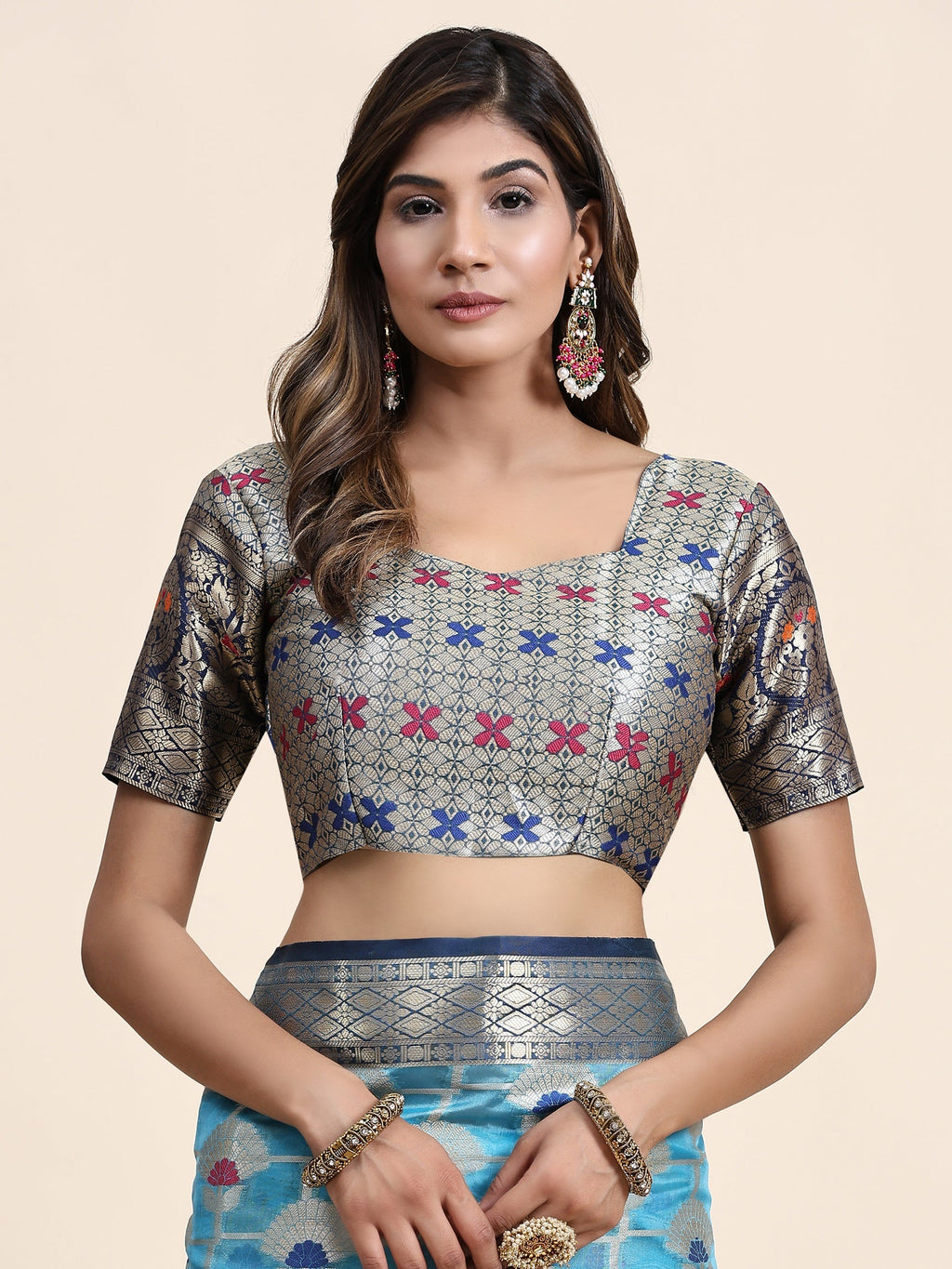Vedant Vastram Organza Silk Kanjeevaram Saree - Skyblue | Grocsy