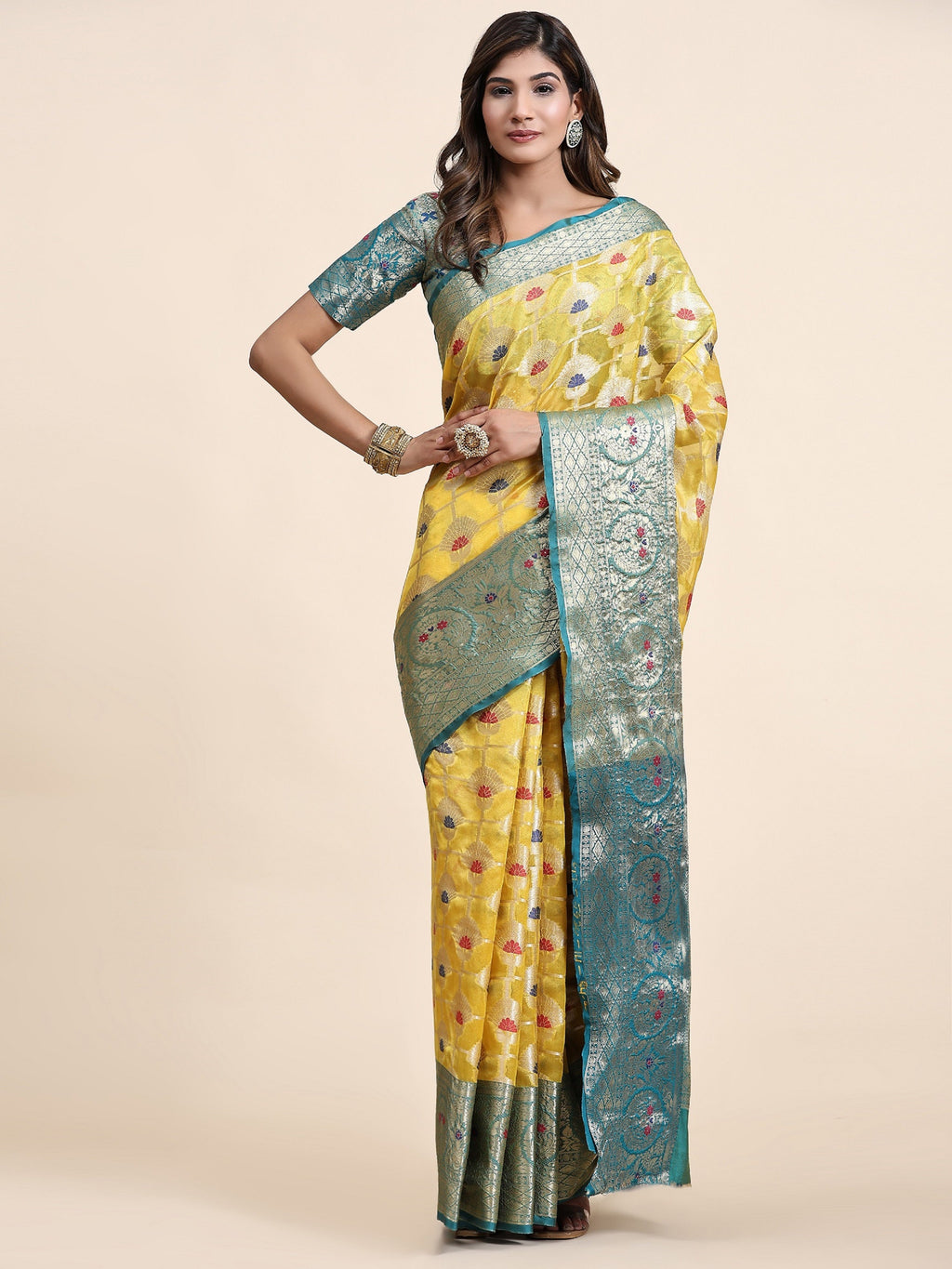 Vedant Vastram Organza Silk Kanjeevaram Saree - Yellow | Grocsy
