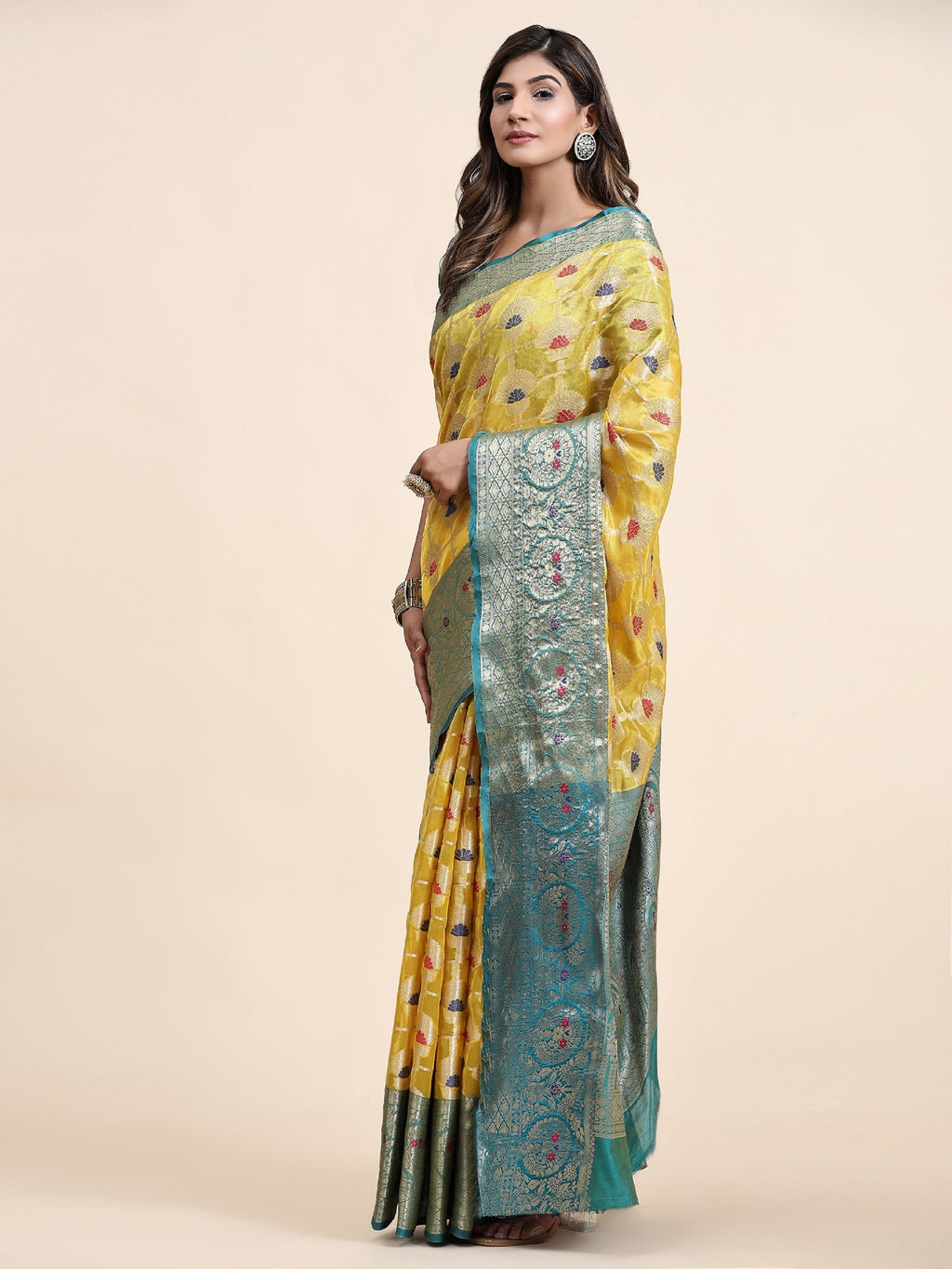Vedant Vastram Organza Silk Kanjeevaram Saree - Yellow | Grocsy