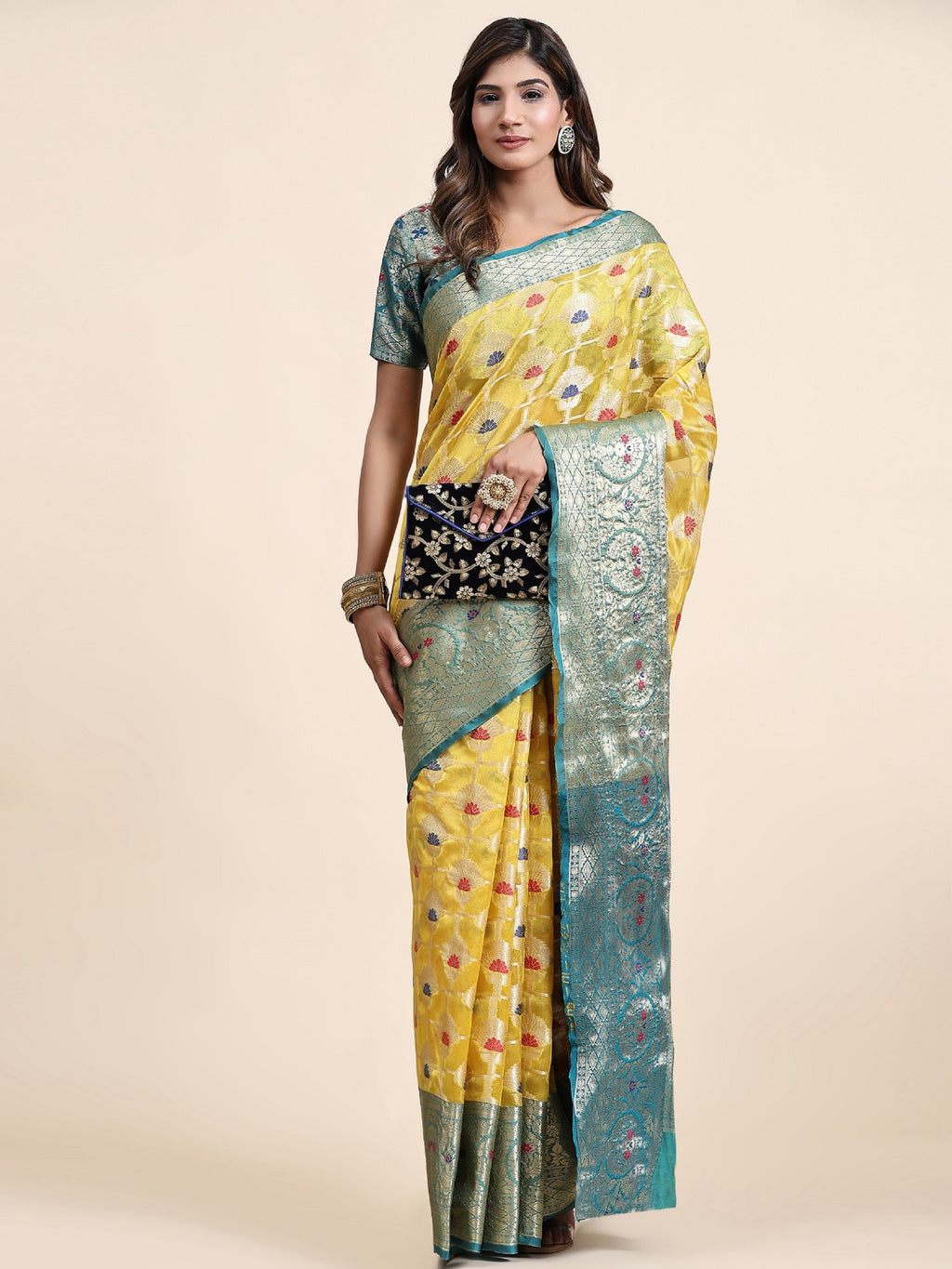 Vedant Vastram Organza Silk Kanjeevaram Saree - Yellow | Grocsy