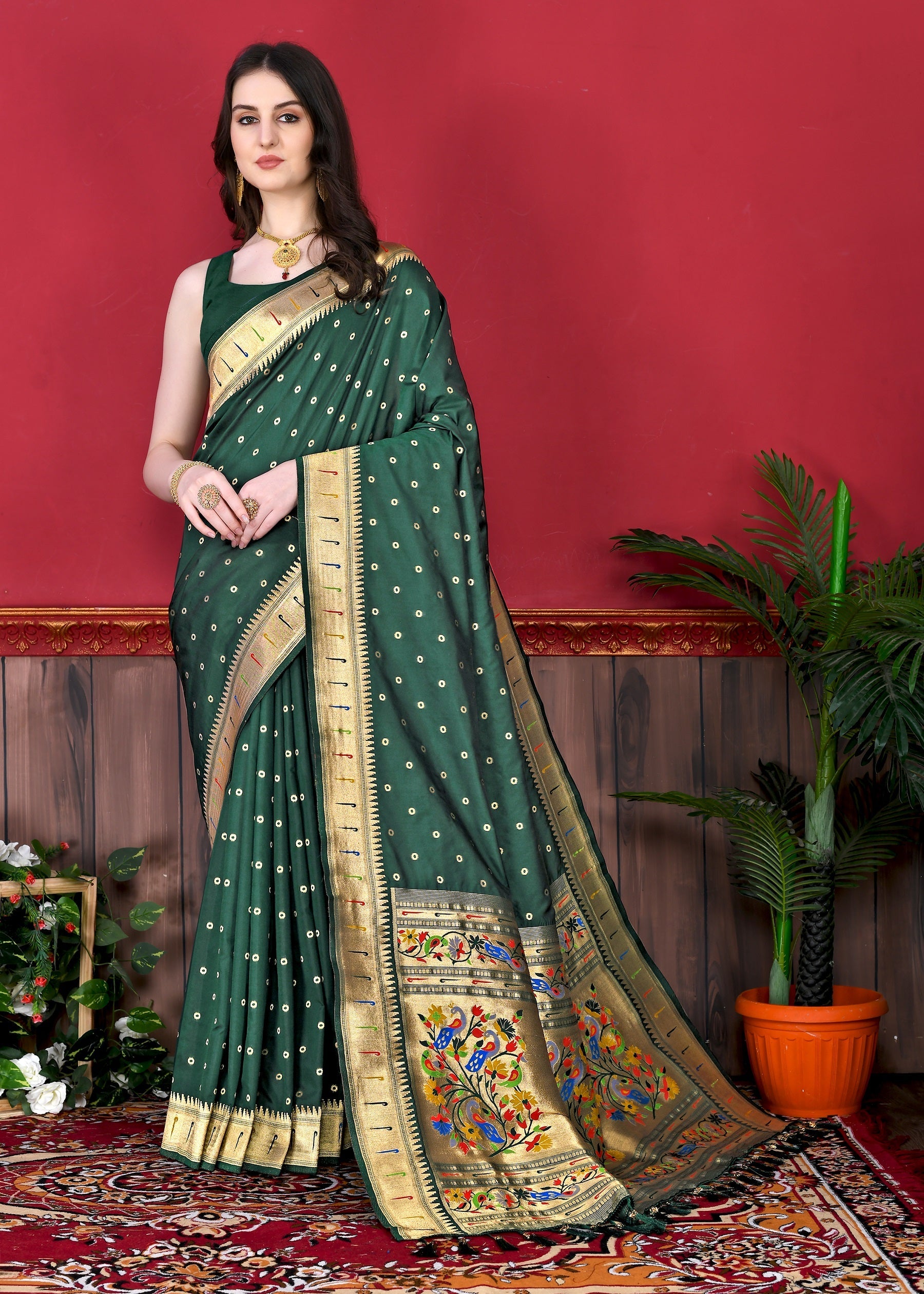 Vedant Vastram Soft Litchi Silk Paithani Silk Saree - Bottle Green | Grocsy