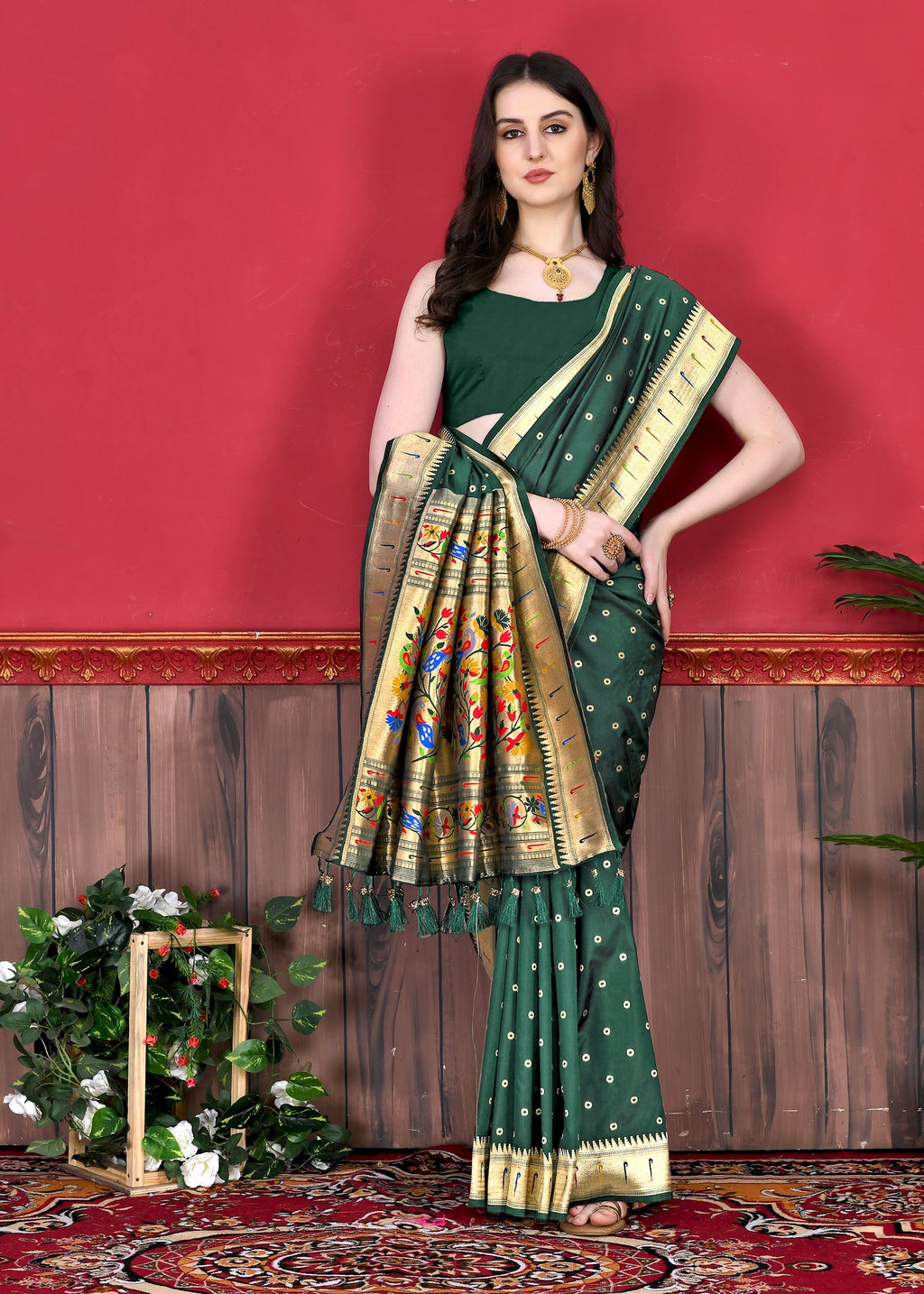 Vedant Vastram Soft Litchi Silk Paithani Silk Saree - Bottle Green | Grocsy
