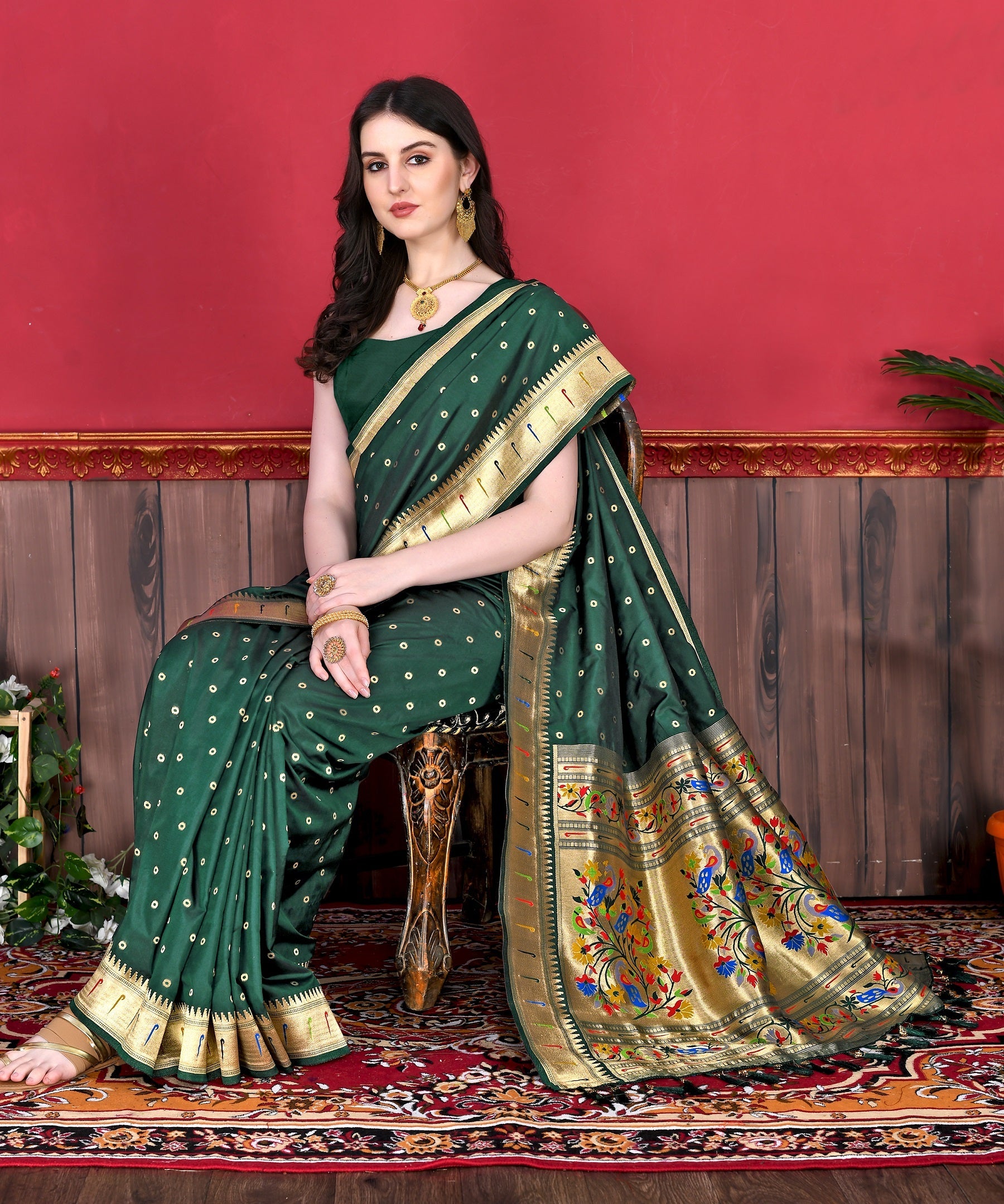 Vedant Vastram Soft Litchi Silk Paithani Silk Saree - Bottle Green | Grocsy