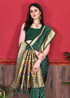 Vedant Vastram Soft Litchi Silk Paithani Silk Saree - Bottle Green | Grocsy