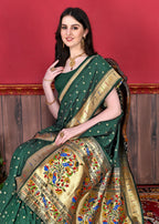 Vedant Vastram Soft Litchi Silk Paithani Silk Saree - Bottle Green | Grocsy