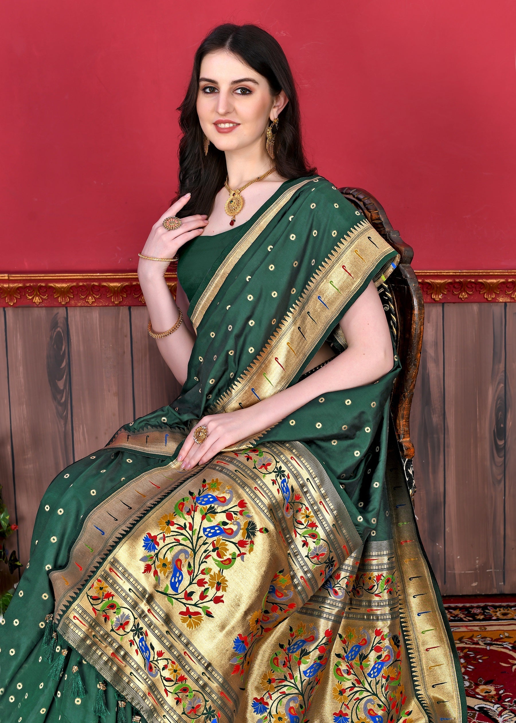 Vedant Vastram Soft Litchi Silk Paithani Silk Saree - Bottle Green | Grocsy