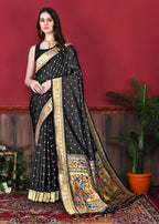 Vedant Vastram Soft Litchi Silk Paithani Silk Saree - Black | Grocsy