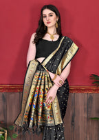 Vedant Vastram Soft Litchi Silk Paithani Silk Saree - Black | Grocsy