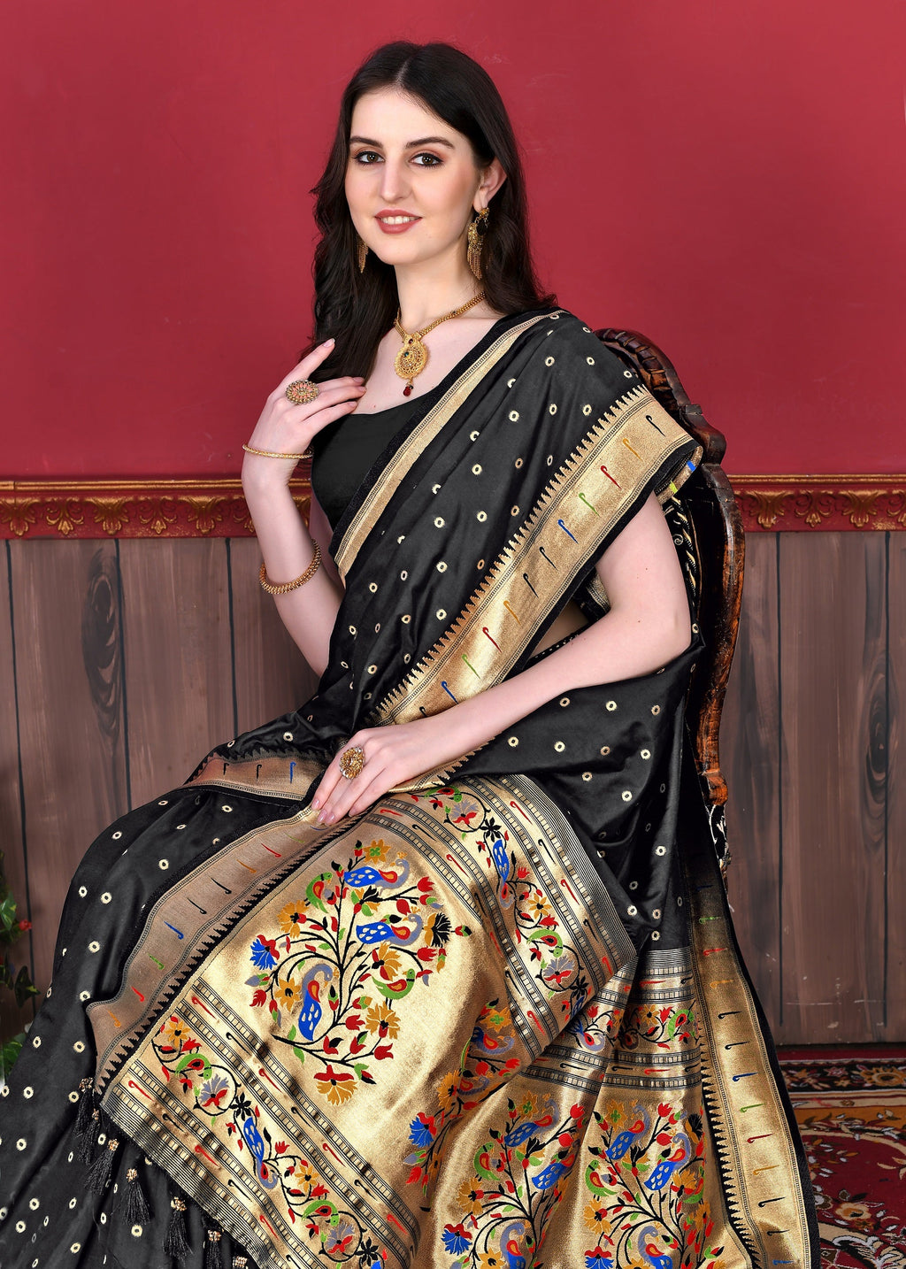 Vedant Vastram Soft Litchi Silk Paithani Silk Saree - Black | Grocsy