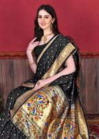 Vedant Vastram Soft Litchi Silk Paithani Silk Saree - Black | Grocsy
