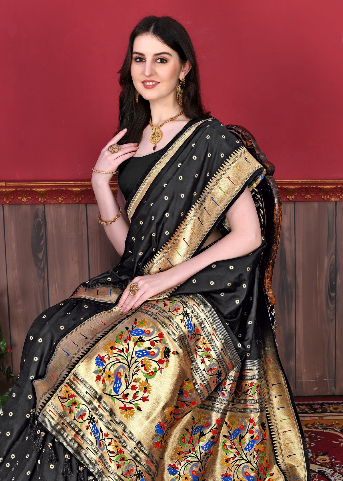 Vedant Vastram Soft Litchi Silk Paithani Silk Saree - Black | Grocsy