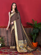 Vedant Vastram Soft Litchi Silk Paithani Silk Saree - Brown | Grocsy