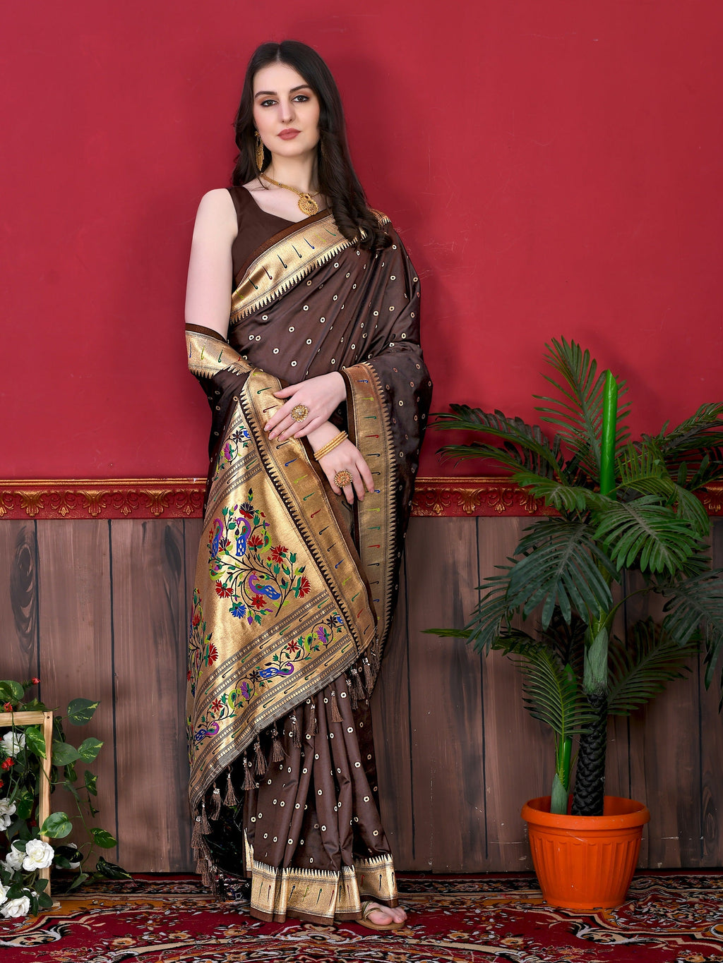 Vedant Vastram Soft Litchi Silk Paithani Silk Saree - Brown | Grocsy