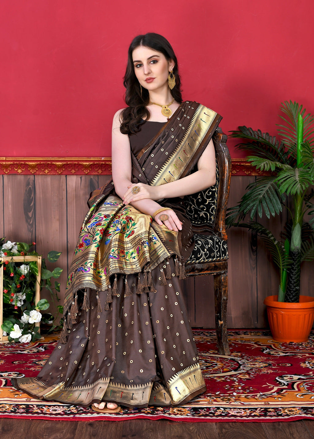 Vedant Vastram Soft Litchi Silk Paithani Silk Saree - Brown | Grocsy