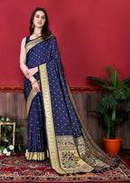 Vedant Vastram Soft Litchi Silk Paithani Silk Saree - Navy | Grocsy