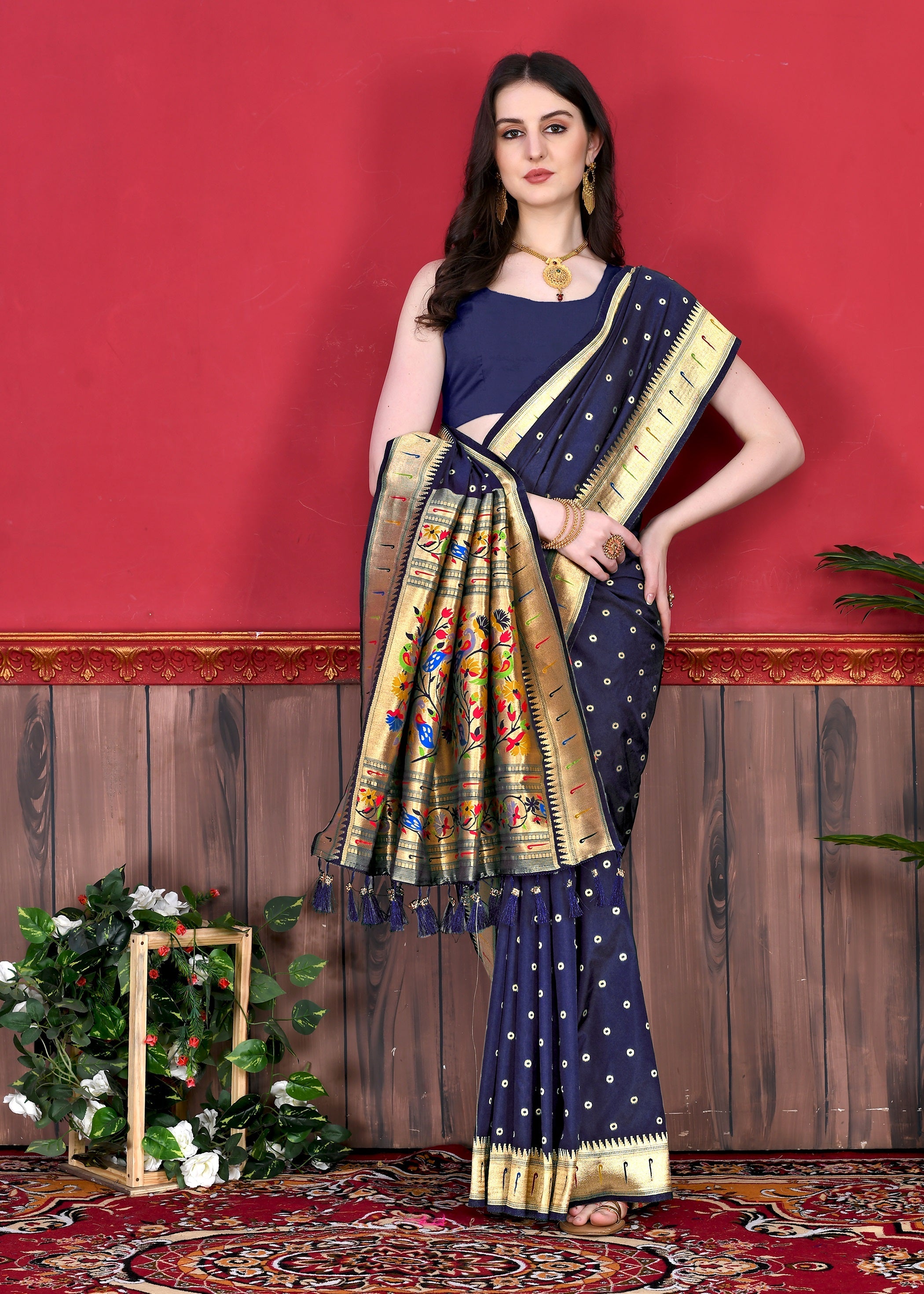 Vedant Vastram Soft Litchi Silk Paithani Silk Saree - Navy | Grocsy