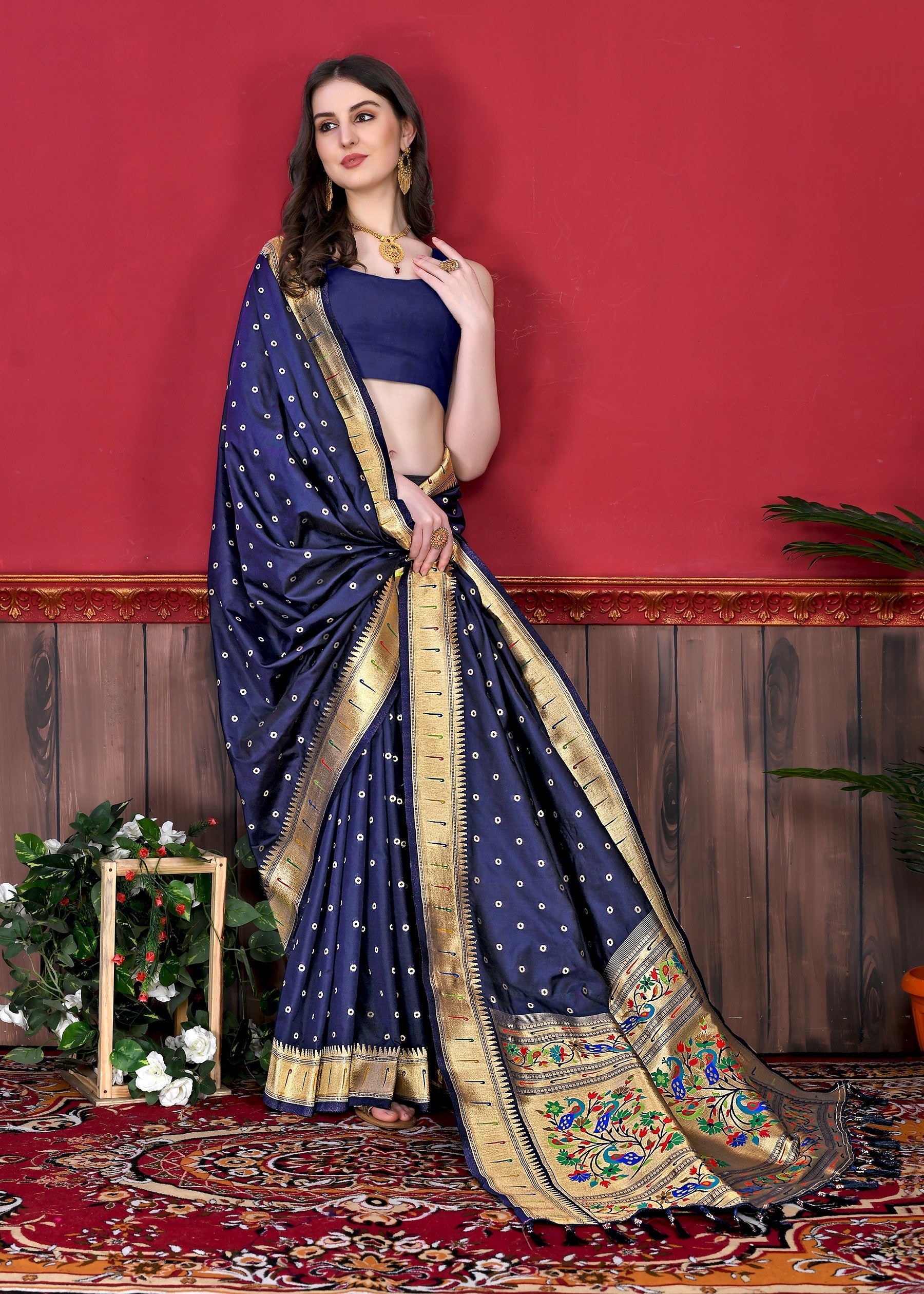 Vedant Vastram Soft Litchi Silk Paithani Silk Saree - Navy | Grocsy