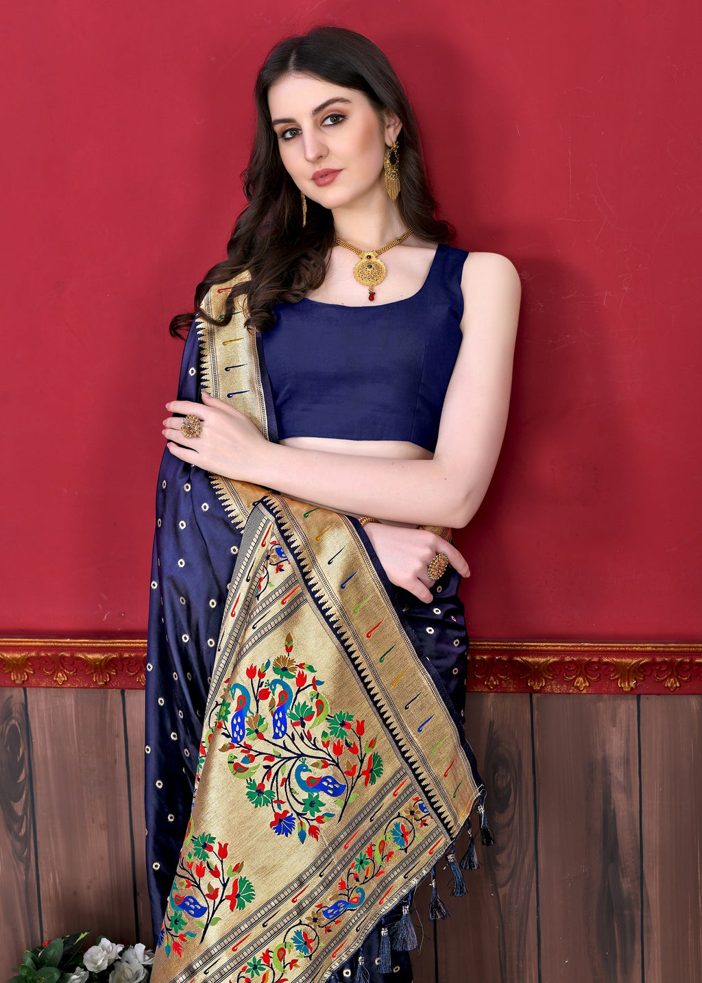 Vedant Vastram Soft Litchi Silk Paithani Silk Saree - Navy | Grocsy