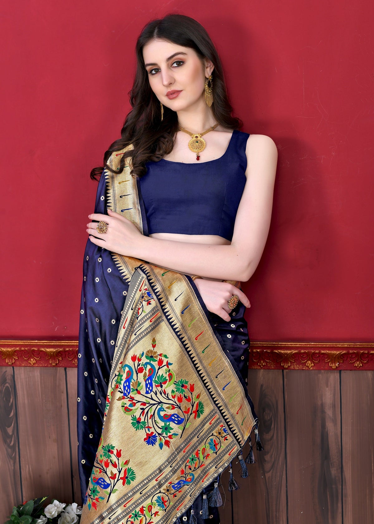 Vedant Vastram Soft Litchi Silk Paithani Silk Saree - Navy | Grocsy