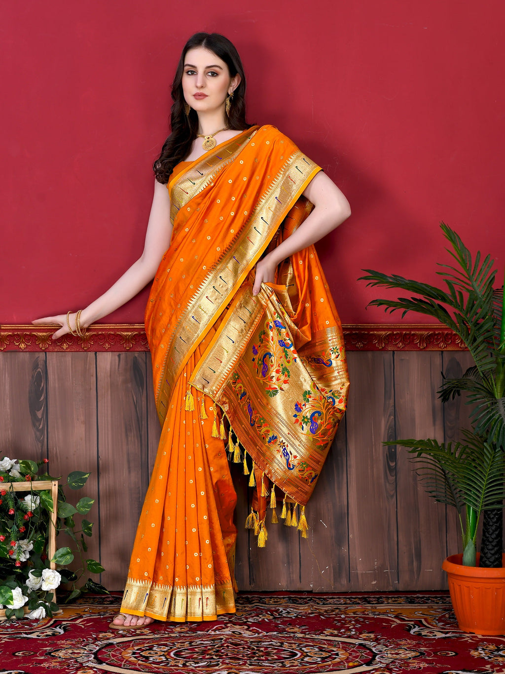 Vedant Vastram Soft Litchi Silk Paithani Silk Saree - Orange | Grocsy