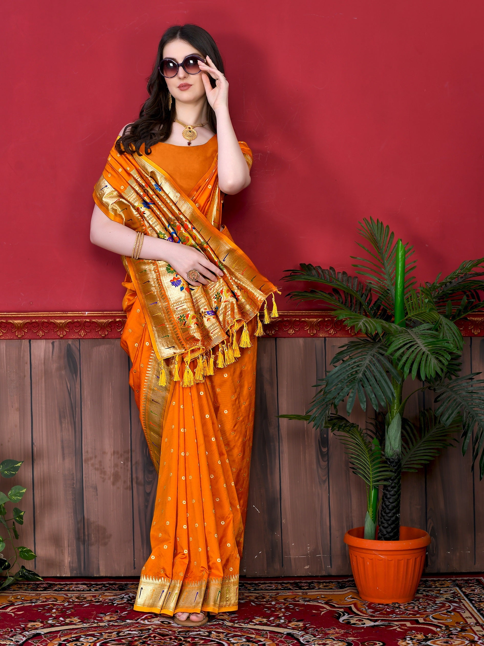 Vedant Vastram Soft Litchi Silk Paithani Silk Saree - Orange | Grocsy