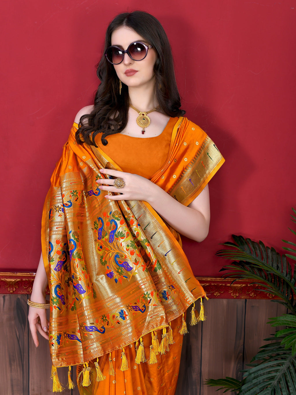 Vedant Vastram Soft Litchi Silk Paithani Silk Saree - Orange | Grocsy