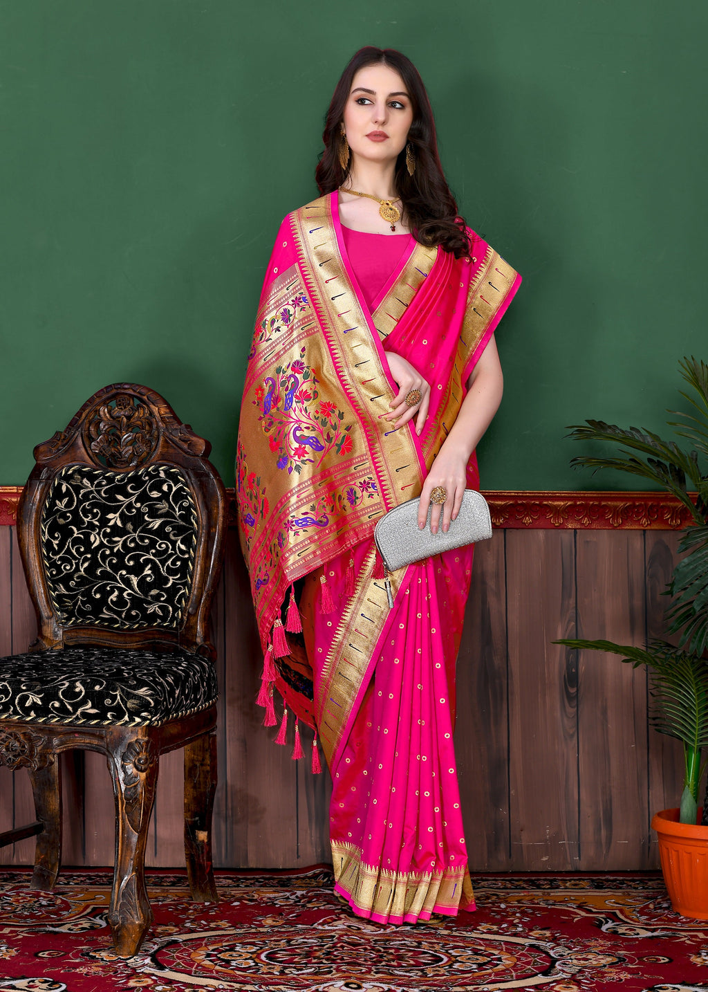 Vedant Vastram Soft Litchi Silk Paithani Silk Saree - Pink | Grocsy