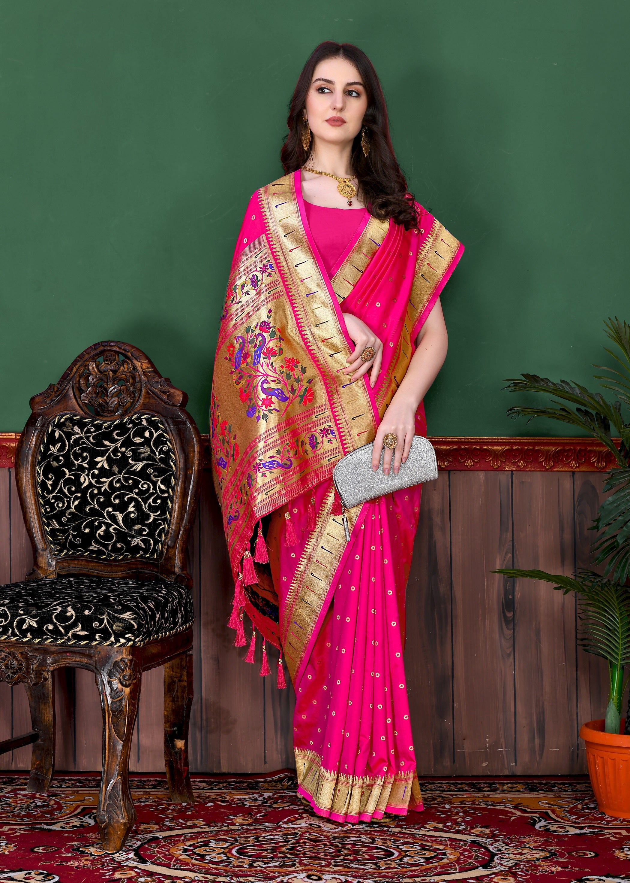 Vedant Vastram Soft Litchi Silk Paithani Silk Saree - Pink | Grocsy
