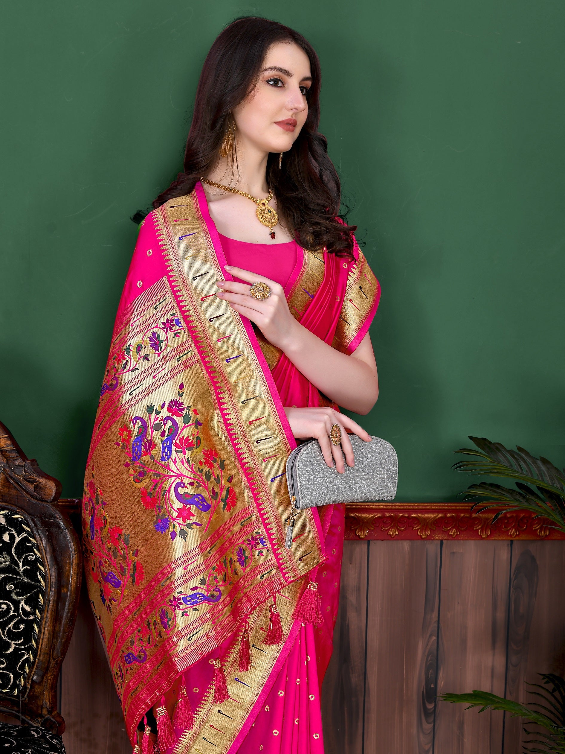 Vedant Vastram Soft Litchi Silk Paithani Silk Saree - Pink | Grocsy