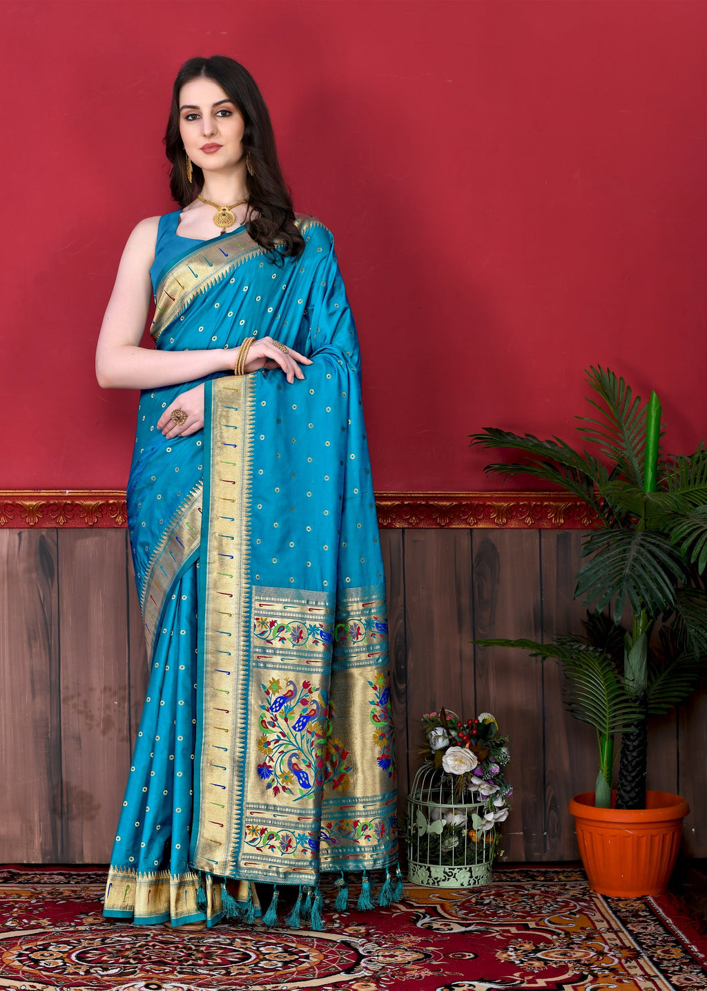 Vedant Vastram Soft Litchi Silk Paithani Silk Saree - Rama | Grocsy