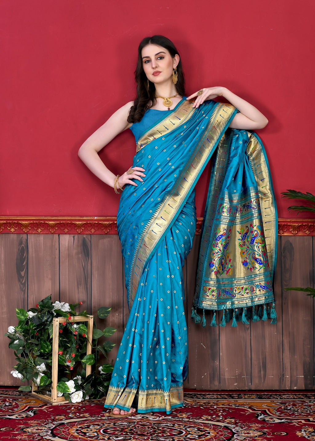 Vedant Vastram Soft Litchi Silk Paithani Silk Saree - Rama | Grocsy