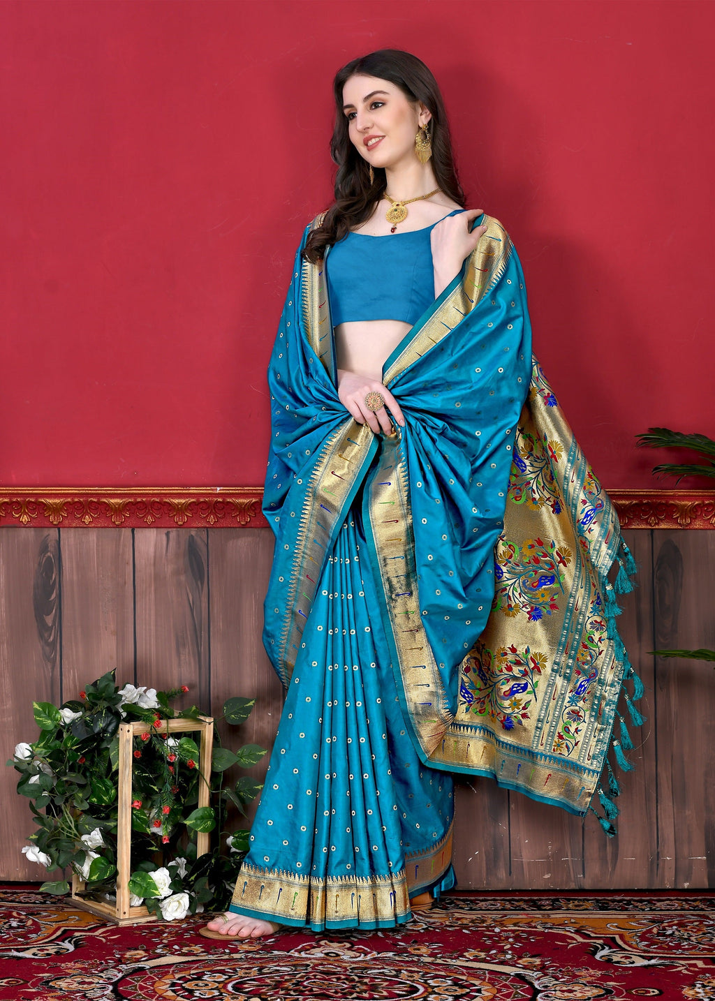 Vedant Vastram Soft Litchi Silk Paithani Silk Saree - Rama | Grocsy