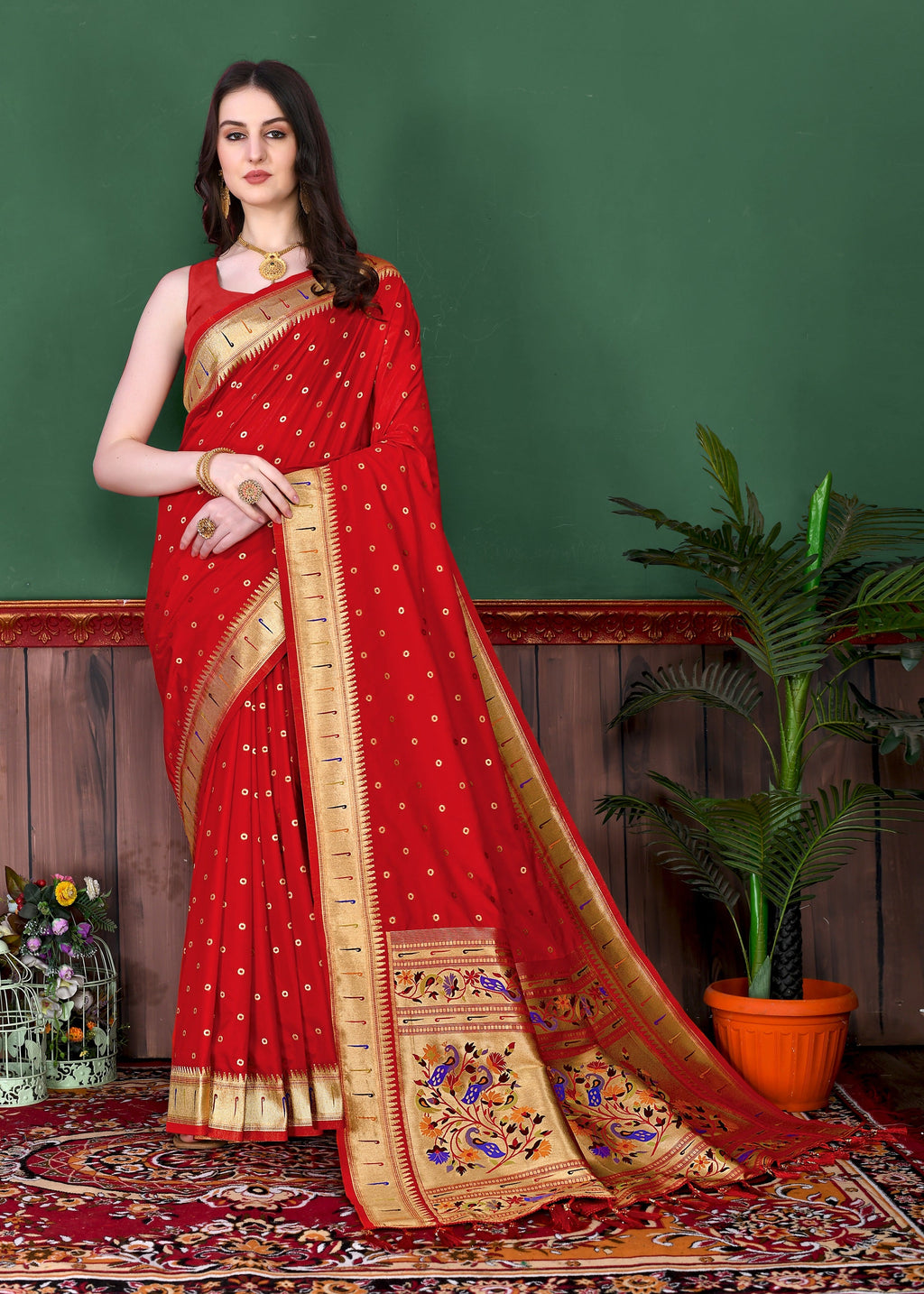 Vedant Vastram Soft Litchi Silk Paithani Silk Saree - Red | Grocsy