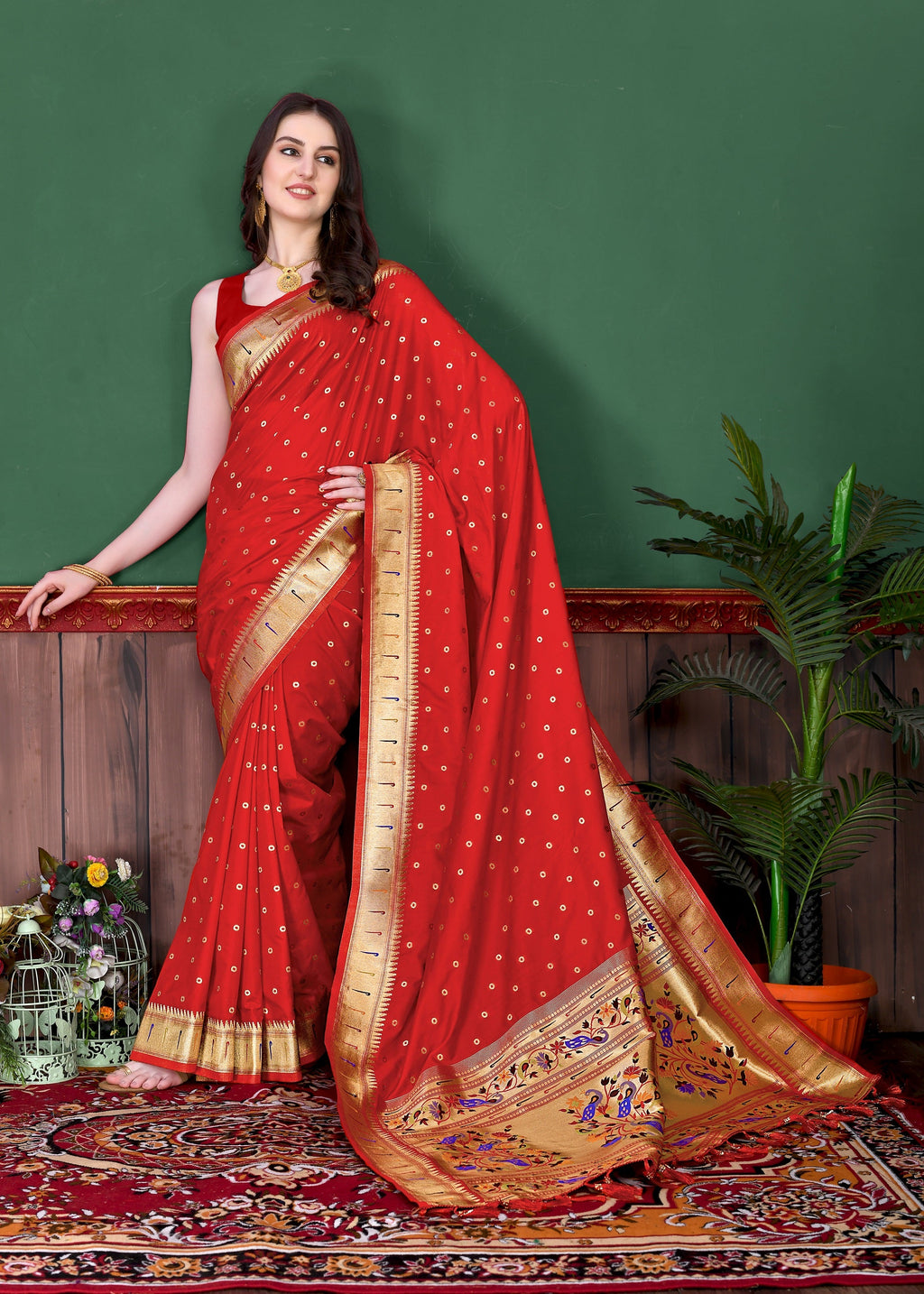 Vedant Vastram Soft Litchi Silk Paithani Silk Saree - Red | Grocsy