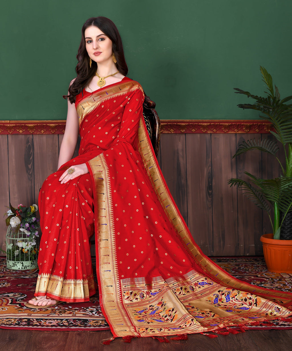 Vedant Vastram Soft Litchi Silk Paithani Silk Saree - Red | Grocsy